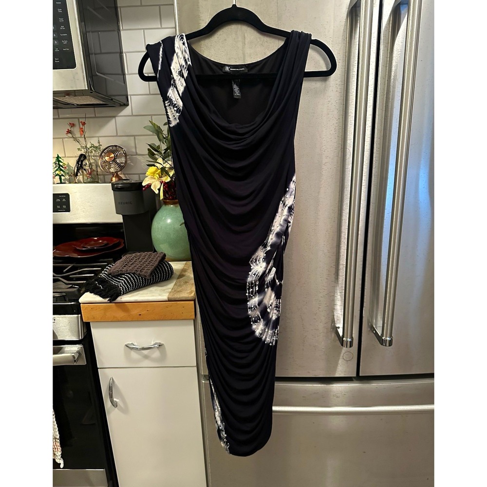 INC International Concepts M Black/White Tie-Dye Beaded Ruched Cowl Sheath